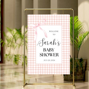 Pink Gingham Baby Shower Welcome Sign, Classic Gingham Girl Baby, Vintage Baby Shower, Pink Bow, Baby Sprinkle, Baby Shower Poster, Coquette