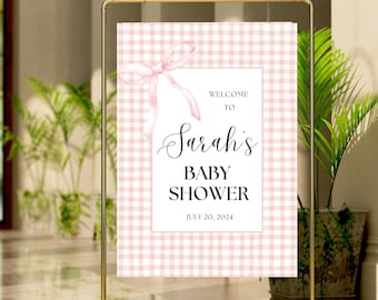 Pink Gingham Baby Shower Welcome Sign, Classic Gingham Girl Baby, Vintage Baby Shower, Pink Bow, Baby Sprinkle, Baby Shower Poster, Coquette