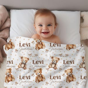 Personalized Teddy Bear Blanket, Baby Shower Gift, Custom Teddy Bear Nursery Decor, Bow Coquette, Baby Boy Bear Blanket, Name Blanket image 2