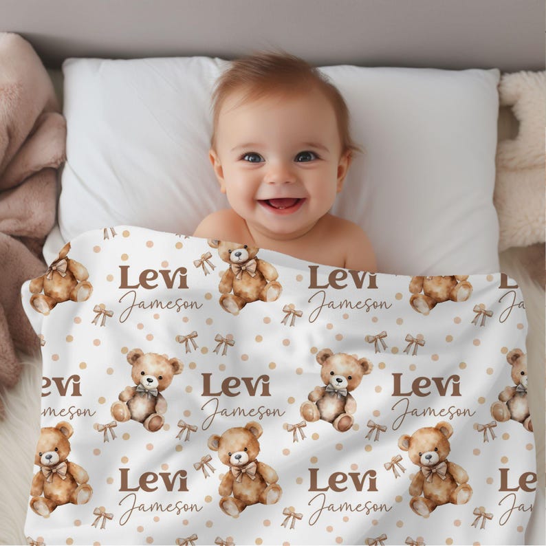 Personalized Teddy Bear Blanket, Baby Shower Gift, Custom Teddy Bear Nursery Decor, Bow Coquette, Baby Boy Bear Blanket, Name Blanket image 2
