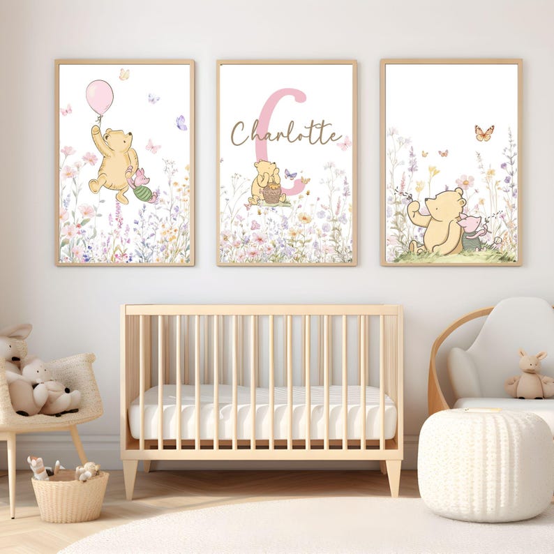 Winnie the Pooh Baby Girl Nursery Wall Art| Vintage Floral Nursery ...