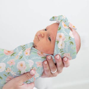 BABY GIRL NAME Swaddle Set, Grandmillenial Nursery, Mint and Peach Nursery, Personalized Toddler Girl Blanket, Granny Chic Nursery Decor