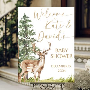 Letrero de bienvenida para baby shower con ciervos, cartel de bienvenida para baby shower con animales del bosque y vegetación, letrero rústico con animales del bosque, tablero de espuma