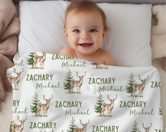 Deer Baby Blanket, Woodland Baby Name Blanket, Personalized Swaddle Blanket, Deer Hunting Baby Blanket, Hunting Baby, Forest Animal Blanket