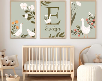 Silly Goose Prints| Goose nursery Wall Art, Boho, Baby girl Nursery Wall Art| Watercolor flowers| Personalized name sign Initial,Cottagecore