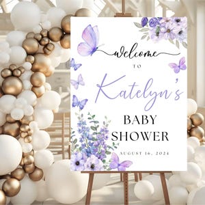 Butterfly Welcome Sign Printable, Butterfly Baby Shower Welcome Sign, Purple Butterflies Baby Shower Welcome Sign, Girl Baby Shower