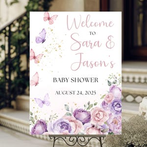 Butterfly Welcome Sign Printable, Butterfly Baby Shower Welcome Sign, Pink and Purple Butterflies Baby Shower Welcome Sign, Girl Baby Shower