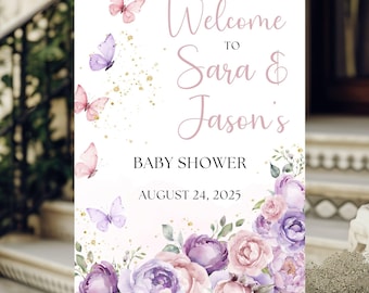 May include: Welcome to Sara & Jason's Baby Shower sign with purple and pink flowers and butterflies. The date of the shower is August 24, 2025.