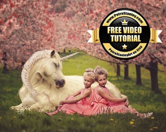 Unicorn in Cherry Blossom Field Digital Backdrop - Digital Background - Unicorn - Unicorn Party - Fantasy - Free Photoshop Video Tutorial