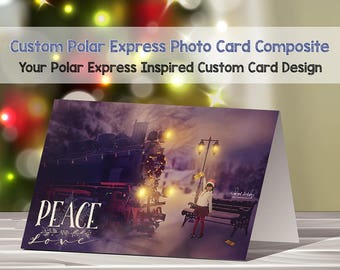 May include: A custom photo card composite featuring a girl standing in front of a vintage train with a Christmas tree and the words "Peace and Love" on the card.
