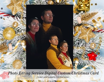 Livraison numérique, double exposition drôle des années 80, espace, père Noël, carte de Noël vintage, retouche photo, retouche de photo d'animal de compagnie