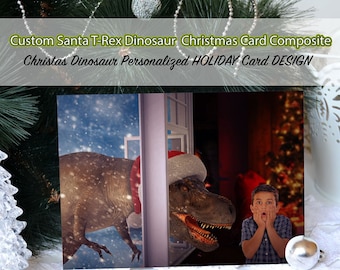 Digital Delivery, Dinosaur Funny Christmas Photo Card, T-Rex Santa, Tyrannosaurus Rex in the Window, Christmas Photo Edit, Photoshop