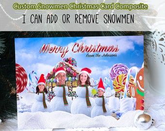 Entrega digital, tarjeta fotográfica navideña personalizada con una divertida familia de muñecos de nieve, tarjeta navideña personalizada, edición de fotografías navideñas, servicio de Photoshop