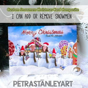 Entrega digital, tarjeta fotográfica navideña personalizada con una divertida familia de muñecos de nieve, tarjeta navideña personalizada, edición de fotografías navideñas, servicio de Photoshop