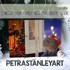 Digitale levering, gepersonaliseerde grappige familiekerstfotokaart bewerken, nijlpaard voor kerstmis, kerstkaart aangepaste foto, Photoshop-service