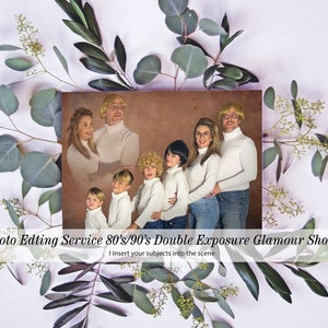 Entrega digital, divertida exposición doble al estilo de los años 80, edición de fotografías digitales de retratos familiares incómodos, edición de fotografías glamorosas, mascotas y familia retro