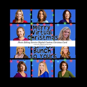 Digitale levering, grappige Brady-kerstfotobewerking, zoom-kerstfotokaart, retro tv-kerstkaart, Photoshop-service