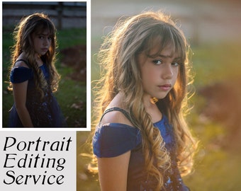 May include: A young girl with long, curly blonde hair wearing a blue sequined dress. The girl is looking at the camera with a serious expression. The background is blurred and out of focus.