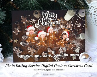Entrega digital, divertida tarjeta fotográfica navideña para imprimir con galletas de jengibre, divertida tarjeta navideña familiar, servicios de edición de fotografías navideñas