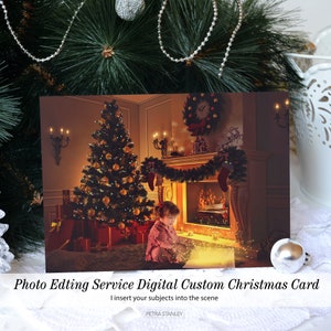 Livraison numérique, Service de retouche photo pour carte de Noël avec cheminée traditionnelle pour arbre de Noël, Retouche photo de Noël classique, Service Photoshop