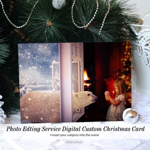 Livraison numérique, carte photo de Noël ours polaire dans la fenêtre, retouche photo de Noël, service Photoshop, fenêtre de Noël d'hiver