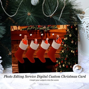Digitale levering, kerstsokken hangen bij de open haard Bewerkingsservice fotokaarten, kerstfotobewerking, Photoshop-service