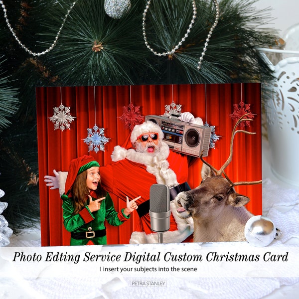 Digital Delivery, Funny Singing Reindeer and Santa Digital Christmas Photo Card Edit, Photoshop Service