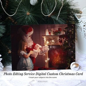 Livraison numérique, Père Noël devant la cheminée, Carte photo de Noël, Retouche photo de Noël, Carte de voeux, Cadeau magique, Carte photo Père Noël