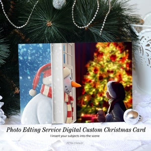 Digitale bezorging, Snowman in the Window kerstfotokaartbewerkingsservice, gepersonaliseerde kerstkaartbewerking