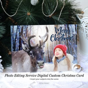 Entrega digital, cartão com foto de Natal de flocos de neve pegando renas engraçadas, edição personalizada de cartão com foto de Natal