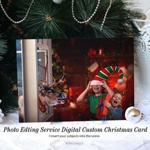 Entrega digital, cartão com foto de Natal de rena personalizada na janela, composto de Photoshop de Natal