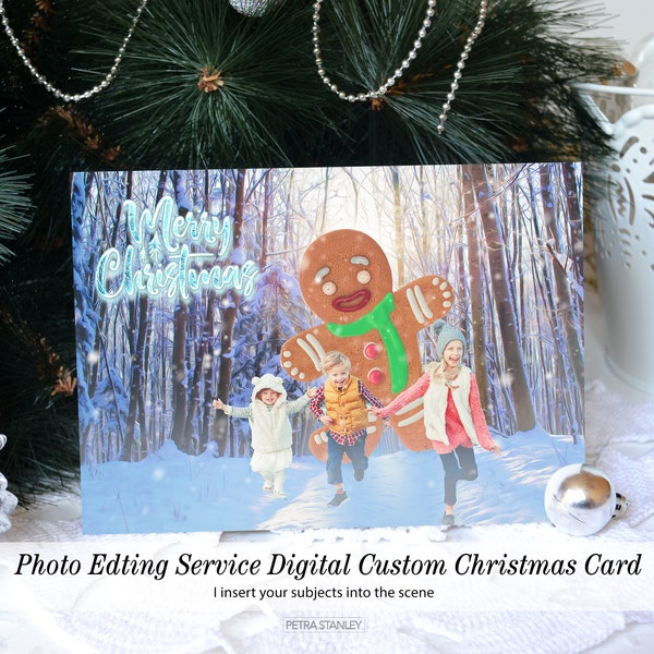 Digital Delivery, Funny Gingerbread Man Chase Digital Christmas Card, Christmas Photoshop Service