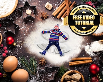 Christmas Baking Digital Backdrop Backdrop, Free Photoshop Video Tutorial Included, Snow Angel, Baking flat, flour, cutting board, JPG + PNG