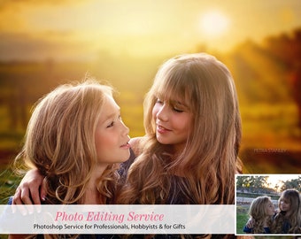 May include: Two young girls with long blonde hair are smiling at each other. They are standing in a field with a sunset in the background. The text "Photo Editing Service" is at the bottom of the image.