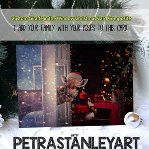 Digitale levering, Giraffe in het raam kerstfotokaart, kerstfoto bewerken, wenskaart, kerstman giraf kijkt door raam