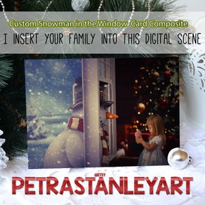 Digitale Lieferung, Schneemann in der Fensterfotokarte, personalisierte Weihnachtskarte, Weihnachtsfotobearbeitung