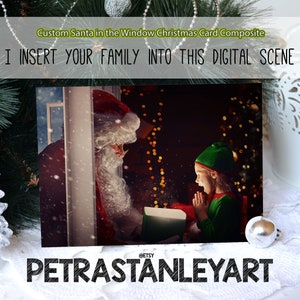 Entrega digital, Papai Noel na janela dando um presente mágico Cartão fotográfico de Natal, Serviço de Photoshop de Natal