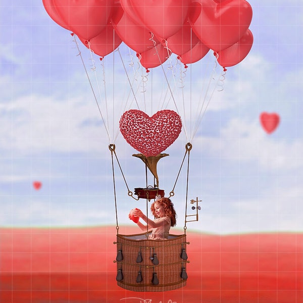 Valentine Hot Air Balloon Digital Backdrop, Child, Toddler, Baby Portrait, Couple, Love Heart Balloons, Valentine's Day photo Backdrop Prop