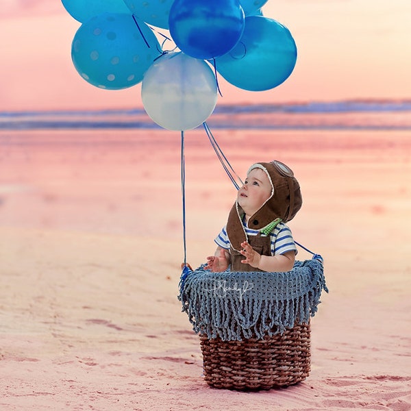 Baby, Toddler, Child, Beach Hot Air Balloon Basket Digital Photo Backdrop Background Prop for Photography, Instant Download, PNG and JPG