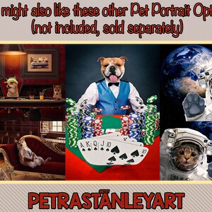 May include: A collage of images featuring different pet portraits. The first image shows three dogs playing poker in a dimly lit room. The second image shows a bulldog dressed as a poker player. The third image shows a dog and a cat wearing astronaut suits in space.