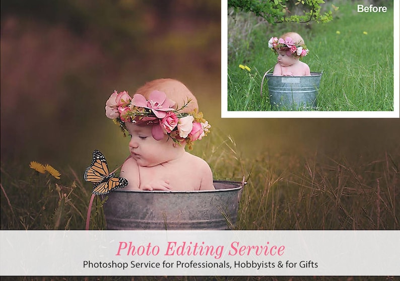 May include: A baby wearing a pink flower crown sits in a metal bucket. The baby is looking at a butterfly. The background is a field of tall grass.