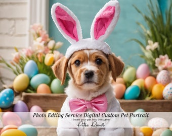 May include: A white puppy wearing a pink bunny costume and a pink bow tie sits in front of a basket of colorful Easter eggs.
