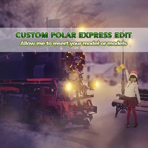 デジタル配信、カスタム ポーラー エクスプレス クリスマス トレイン フォト カード編集、クリスマス フォト編集、Photoshop サービス、おばあちゃんへのギフト