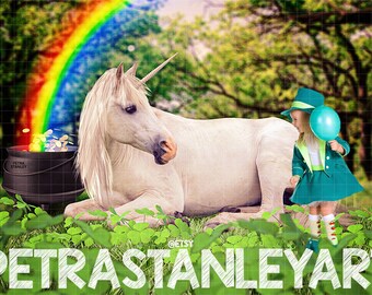 St. Patrick's Day Digital Backdrop / Background - Unicorn - Shamrock - Field - Clovers - Green - Rainbow - Pot of Gold - Photoshop Digital