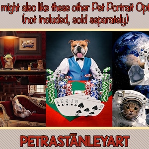 May include: A collage of images featuring different pet portraits. The first image shows three dogs playing poker in a dimly lit room. The second image shows a bulldog dressed as a poker player. The third image shows a dog and a cat wearing astronaut suits in space.