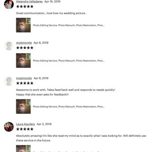 May include: Five star reviews for a photo editing service. The reviews highlight the service's communication, responsiveness, and ability to meet customer expectations. The reviews include images of edited photos.