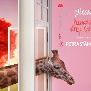 May include: A giraffe's head peeks through a white door frame, with a pink wall behind it. The wall has a red heart with a string attached to it, leading to an arrow with a red and white design. The text "Please favorite my shop" is written in red and white, with the text "click the heart above" in smaller white text. The text "PETRASTANLEYART" is written in red and white.