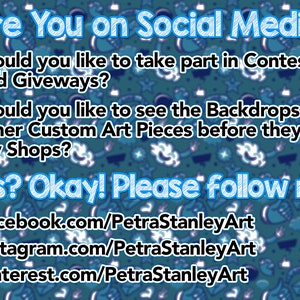 May include: A blue and white graphic with the text "Are You on Social Media?" and "Yes? Okay! Please follow me:" followed by links to Facebook, Instagram, and Pinterest pages for PetraStanleyArt.