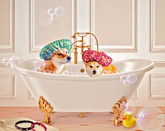 Livraison numérique, Dogs in the Bath Pet Portrait Edit, Service de retouche photo, composite photo d’animal de compagnie à partir de votre photo