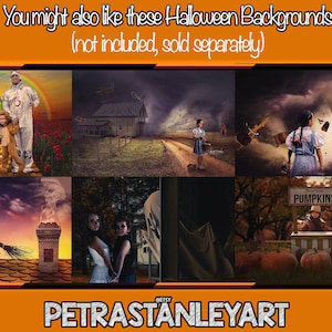 May include: A collage of six Halloween-themed digital backgrounds featuring a variety of scenes, including a witch on a broomstick, a spooky house, a tornado, and a pumpkin patch. The backgrounds are perfect for creating spooky and fun Halloween photos.